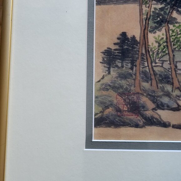 VINTAGE CHINESE LANDSCAPE SCENE PAINTING RED SEAL MARK FRAMED GOLD FRAME GUC - Picture 4 of 9